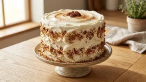 Best carrot cake recipe final decoration showing generous frosting, pressed crumbs, toasted pecans, and cinnamon on a light oak wood table.