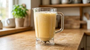 Creamy mango lassi recipe showing a smooth frothy blended beverage in a glass pitcher on a light oak wood counter.