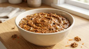 Carrot cake with pineapple thick batter mixed with grated carrots and chopped walnuts in a white bowl on a light oak wood table.