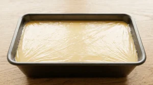 Best no churn mango ice cream freezing process showing a dark metal loaf pan tightly sealed with clear plastic wrap on a light oak table.