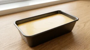 Mango ice cream recipe freezing step showing a smooth creamy base poured into a dark metal loaf pan on a light oak wood table.