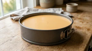 Best no bake mango cheesecake smooth base in a dark springform pan resting on a light oak wood counter ready for glaze.