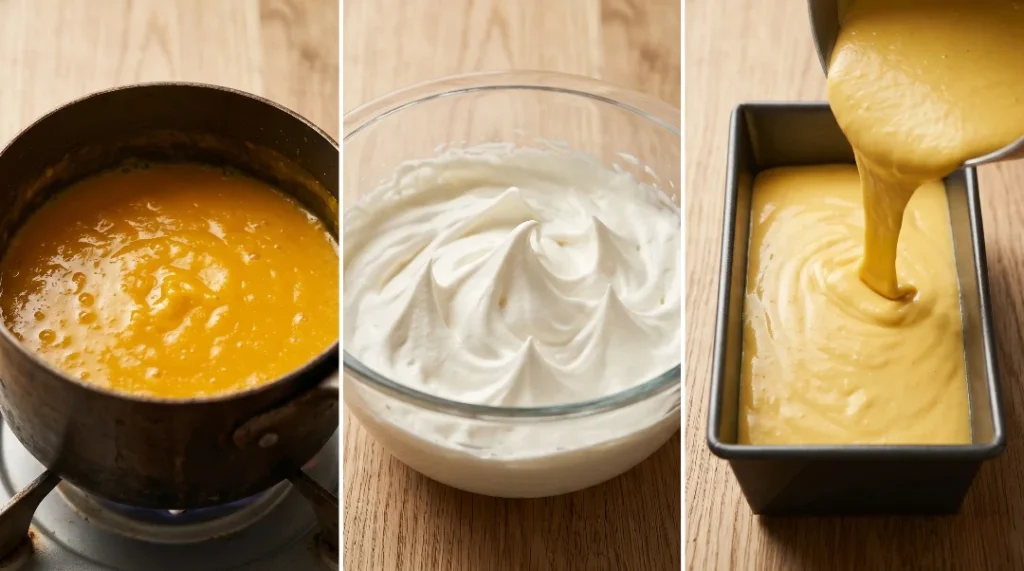 No churn mango ice cream process collage showing simmering mango puree, whipped cream in a bowl, and pouring the yellow base into a dark loaf pan.