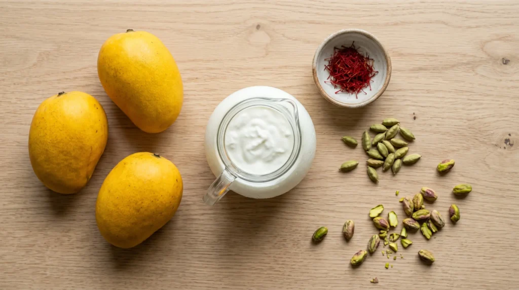 Quick mango lassi recipe ingredients flat lay including fresh mangoes, yogurt, saffron, cardamom, and pistachios on a light oak wood table.