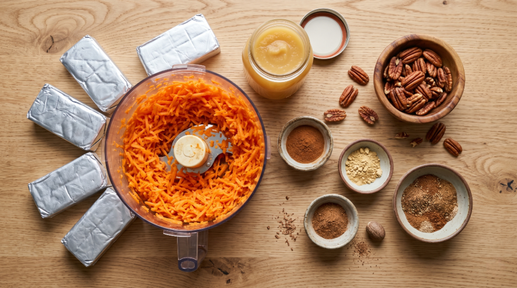 Classic carrot cake recipe ingredients featuring shredded carrots in a food processor, pecans, applesauce, and spices on a light oak wood table.