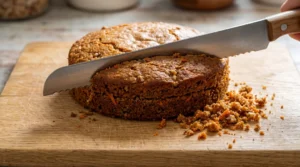 Bakery style carrot cake leveling step showing a serrated knife cutting the domed top off a baked layer on a wooden cutting board.