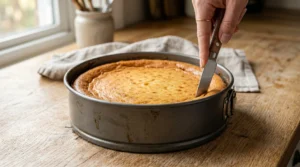 Easy new york cheesecake cooling step showing a baker running a thin metal knife around the inside edge of a baked cake in a springform pan.