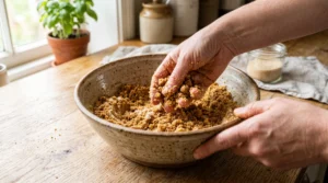 New york cheesecake with graham cracker crust step showing hands mixing fine crumbs with melted butter in a rustic bowl.