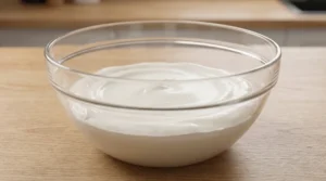 Carrot cake recipe frosting prep showing completely smooth beaten cold cream cheese in a clear glass bowl on a light oak wood table.