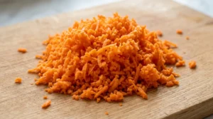 Best carrot cake recipe carrot prep showing a pile of finely chopped bright orange carrots on a light oak wood cutting board.