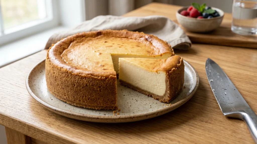 Classic new york cheesecake slicing step showing a whole baked cake with one perfect slice cut out next to a sharp chef's knife on a wooden table.