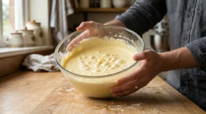 Best new york cheesecake batter step showing a baker tapping a large glass bowl of creamy batter on a wooden counter to release air bubbles.