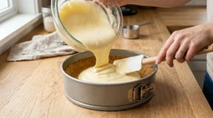 Baked new york cheesecake batter pouring step showing smooth cream cheese filling being poured from a glass bowl into a prepared graham cracker crust in a springform pan.