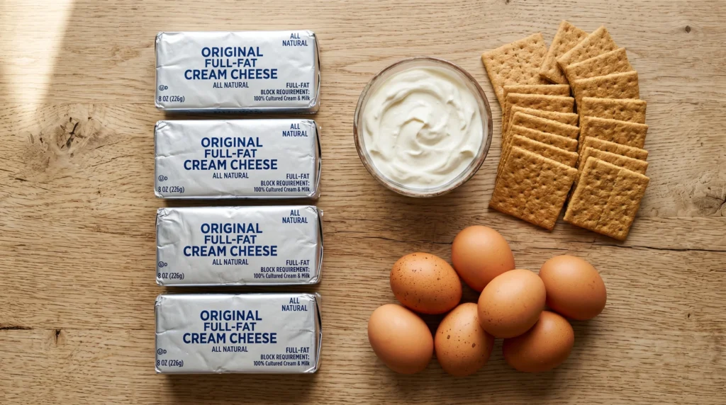 Authentic new york cheesecake premium ingredients including full fat cream cheese blocks, graham crackers, fresh eggs, and sour cream on a wooden table.
