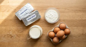 New york cheesecake recipe ingredient prep showing cream cheese blocks, a bowl of sour cream, heavy cream, and fresh eggs on a wooden table.