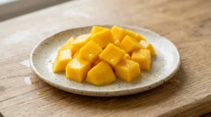 Mango ice cream with fresh mangoes prep step showing juicy diced yellow mango pieces on a speckled ceramic plate over an oak wood table.