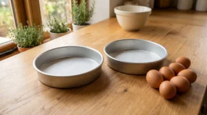 Moist carrot cake recipe prep step showing two 9-inch metal cake pans lined with parchment paper next to fresh eggs on a wooden counter.