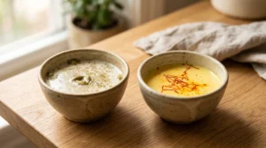 Mango lassi with fresh mangoes preparation showing bloomed saffron and cardamom milk in rustic bowls on a light oak wood counter.