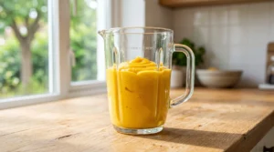 No bake cheesecake with mango pulp preparation showing smooth orange puree inside a glass blender pitcher on a light oak wood counter.