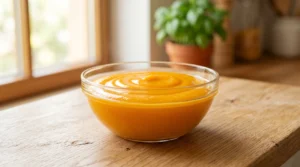 Authentic mango lassi recipe preparation showing smooth fresh mango puree in a clear glass bowl on a light oak wood table.