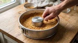 New york cheesecake recipe crust step showing a hand using the flat bottom of a metal measuring cup to firmly press graham cracker crumbs into a springform pan.