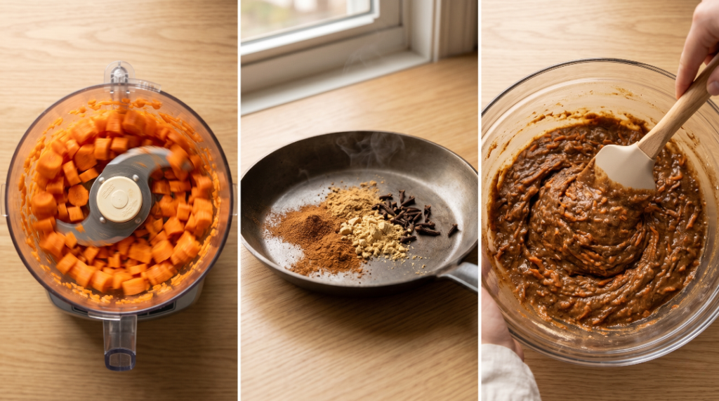 Carrot cake recipe process hacks showing toasted spices, food processor carrots, and folding batter on a light oak wood table.