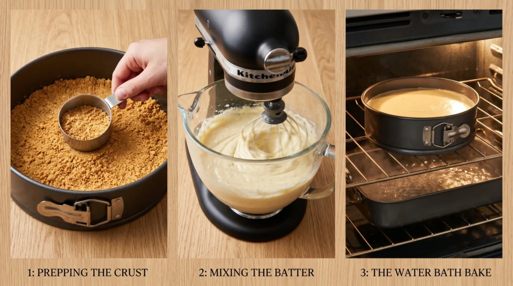 Easy new york cheesecake prep collage showing three steps: pressing graham cracker crust, mixing cream cheese batter in a stand mixer, and baking in a steamy water bath.