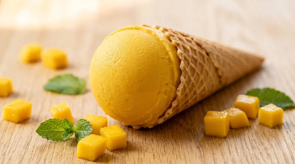 Homemade mango ice cream serving idea showing a smooth scoop in a waffle cone with diced mangoes and mint on an oak table.