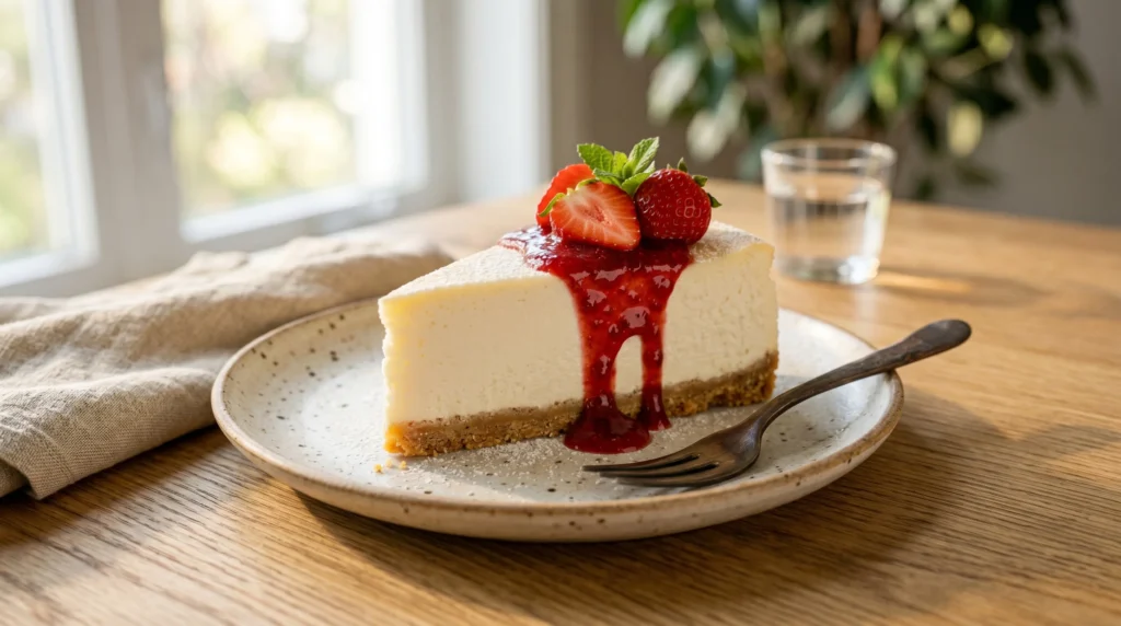 Baked new york cheesecake perfect slice topped with glossy red strawberry sauce and fresh berries on a rustic ceramic plate.