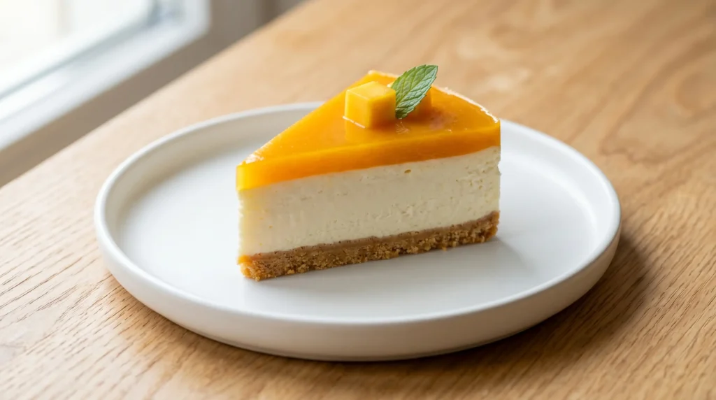 Eggless mango cheesecake clean slice served on a crisp white plate with fresh fruit and mint on a light oak wood table.