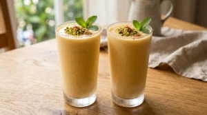 Mango lassi recipe served in two tall chilled glasses garnished with pistachios and saffron on a light oak wood table.