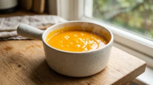 Mango cheesecake with gelatin or agar agar setting mixture simmering gently in a speckled ceramic pot on a light oak wood table.