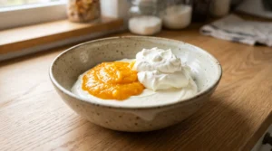 Mango cheesecake recipe filling components in a rustic speckled bowl on a light oak wood counter ready to be poured.