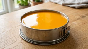 Mango cheesecake for summer showing a smooth glossy orange jelly topping in a metal springform pan on a light oak wood table.