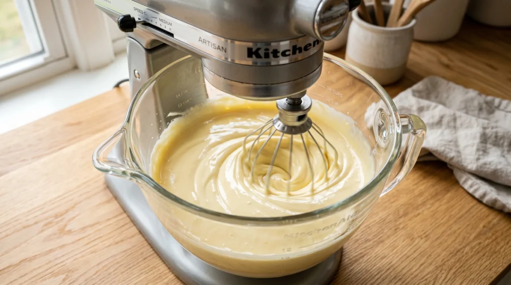 Creamy new york cheesecake silky smooth batter swirling flawlessly in a large glass bowl of a silver stand mixer.