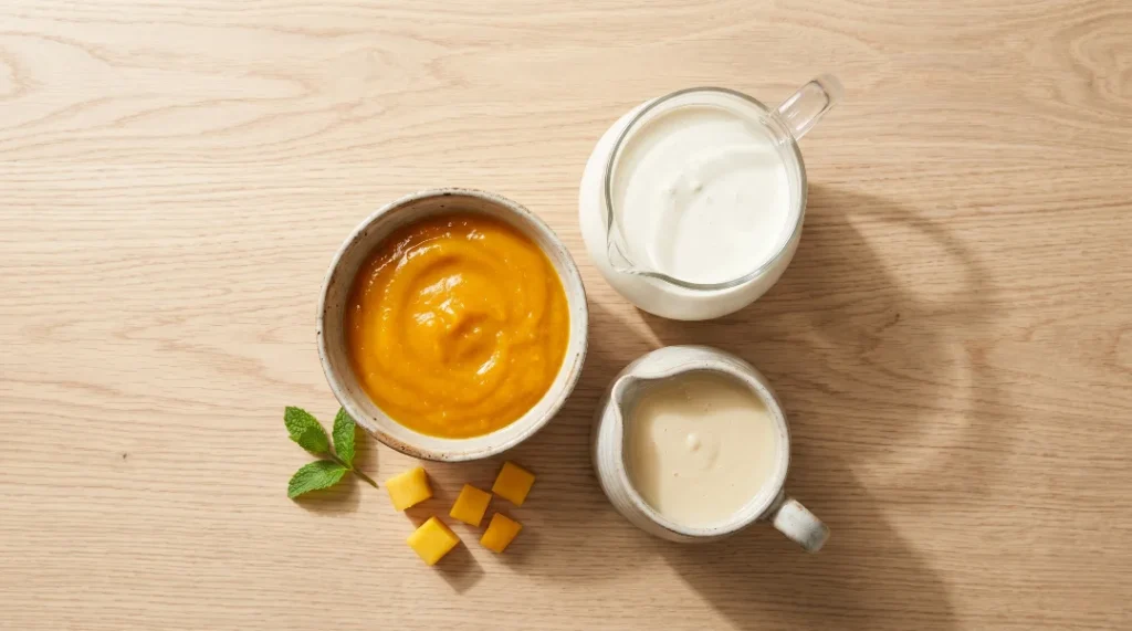No churn ice cream recipe mango ingredients showing reduced puree, heavy cream, and condensed milk in ceramic jars on an oak table.