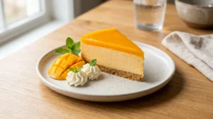 Quick mango cheesecake recipe showing a perfect clean slice on a speckled plate decorated with fresh fruit and whipped cream on a light oak wood table.