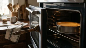 No crack new york cheesecake cooling step showing an oven door propped slightly open with a wooden spoon while the baked cake rests inside.