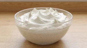 Carrot cake recipe stable cream cheese frosting showing visible vanilla bean flecks and soft holding peaks in a glass bowl on a wood counter.