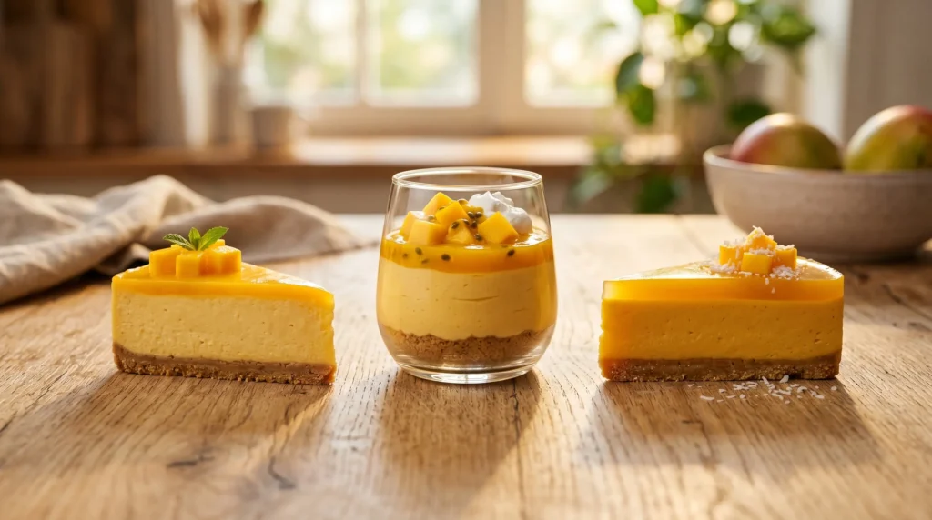 Three variations of mango cheesecake without baking including two slices and one glass jar on a light oak wood table.