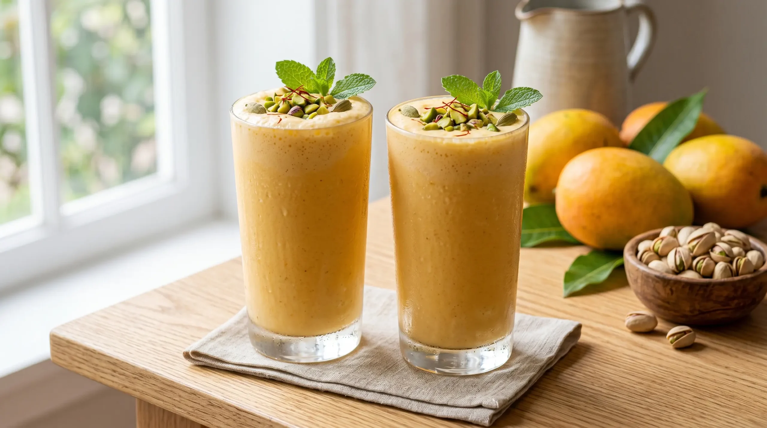 Two tall glasses of homemade mango lassi garnished with pistachios and saffron next to fresh fruit on a light oak wood table.
