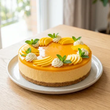 Whole no bake mango cheesecake recipe decorated with fresh fruit and whipped cream on a light oak wood table.