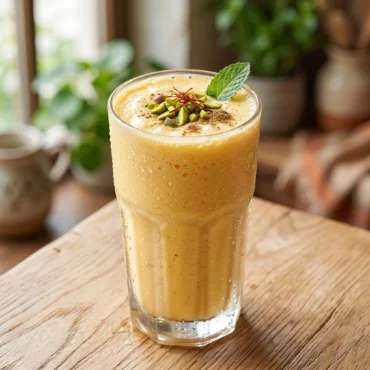A tall frosty glass of mango lassi recipe garnished with pistachios and saffron on a light oak wood table.