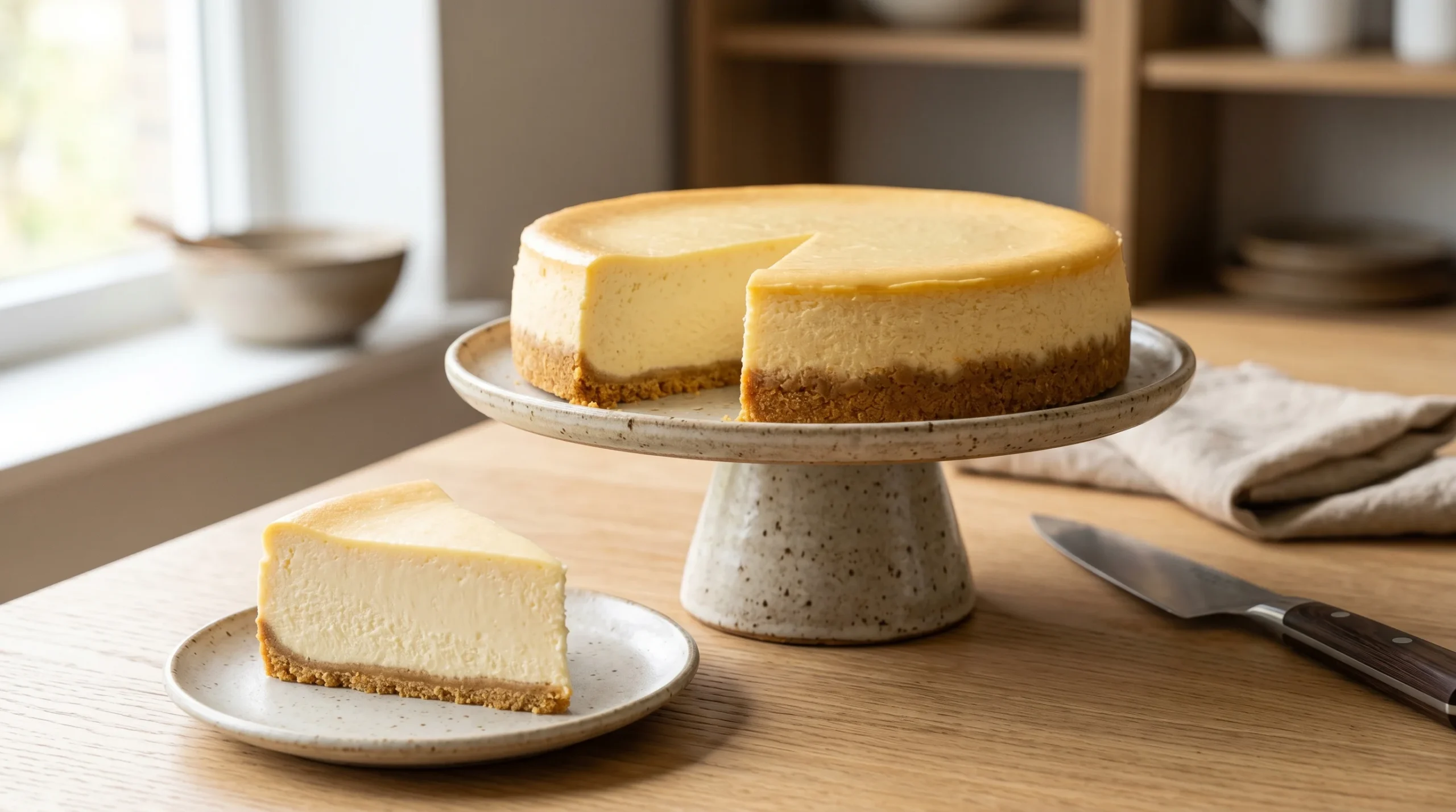 Best new york cheesecake whole cake on a ceramic stand next to one perfectly cut creamy slice on a small plate.