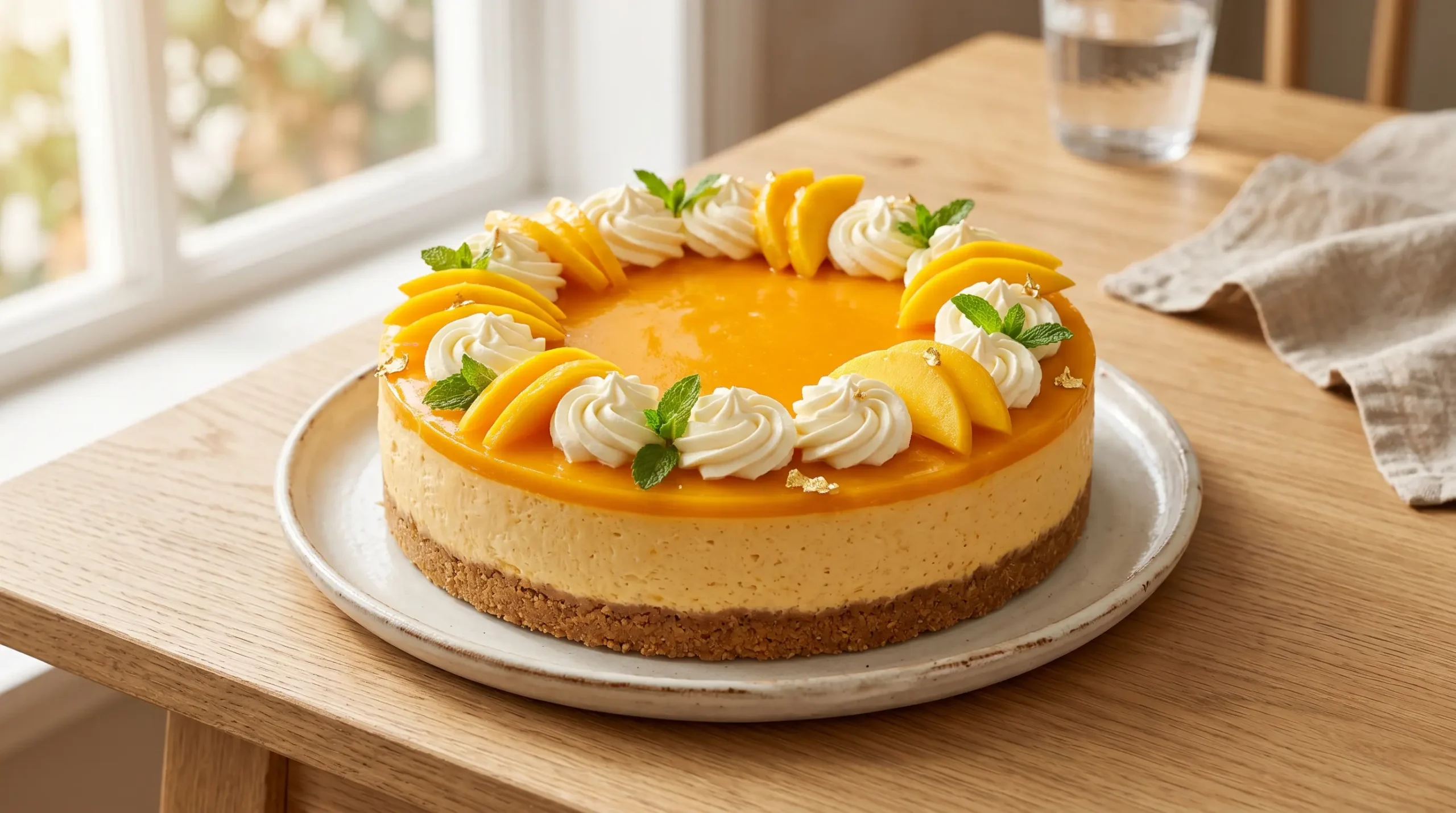 Whole no bake mango cheesecake decorated with fresh fruit and piped cream on a light oak wood table.