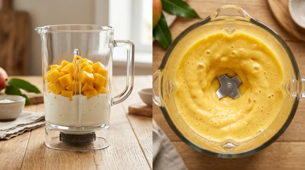 Side by side view of yogurt and diced fruit in a blender and a top down view of a spinning mango lassi smoothie on a light oak wood table.