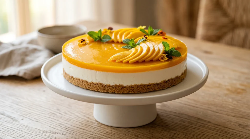 Best mango cheesecake recipe fully unmolded and displayed on a white ceramic cake stand on a light oak wood table.