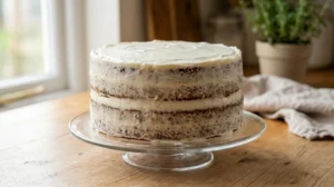 Bakery style carrot cake crumb coat step showing a thin layer of frosting sealing the cake on a glass stand over an oak wood table.