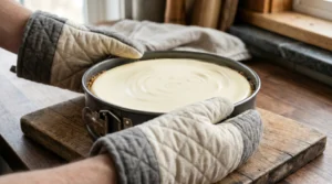 Baked new york cheesecake doneness test showing a baker wearing oven mitts holding a springform pan to check the center wobble.