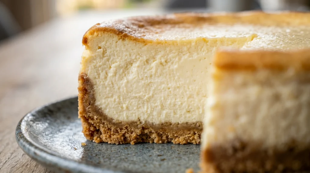 Creamy new york cheesecake extreme close up showing the dense smooth texture and a perfectly clean cut edge on a dark plate.